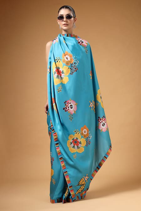 Gazab by Miku Kumar_Blue Modal, Satin V-neck Tivra Print Pre-draped Saree And Blouse Set _at_Aza_Fashions