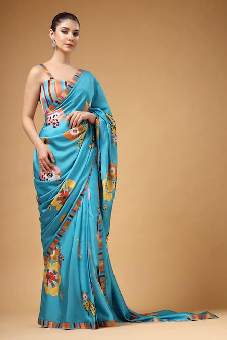 Shop_Gazab by Miku Kumar_Blue Modal, Satin V-neck Tivra Print Pre-draped Saree And Blouse Set 