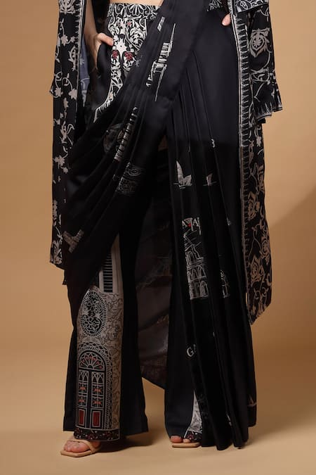 Gazab by Miku Kumar_Black Modal, Satin Collared, Nyrah Print Pre-draped Pant Saree And Jacket Set _Online_at_Aza_Fashions