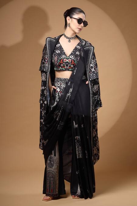 Buy_Gazab by Miku Kumar_Black Modal, Satin Collared, Nyrah Print Pre-draped Pant Saree And Jacket Set _Online_at_Aza_Fashions