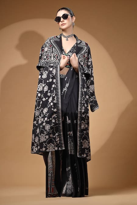 Shop_Gazab by Miku Kumar_Black Modal, Satin Collared, Nyrah Print Pre-draped Pant Saree And Jacket Set _at_Aza_Fashions