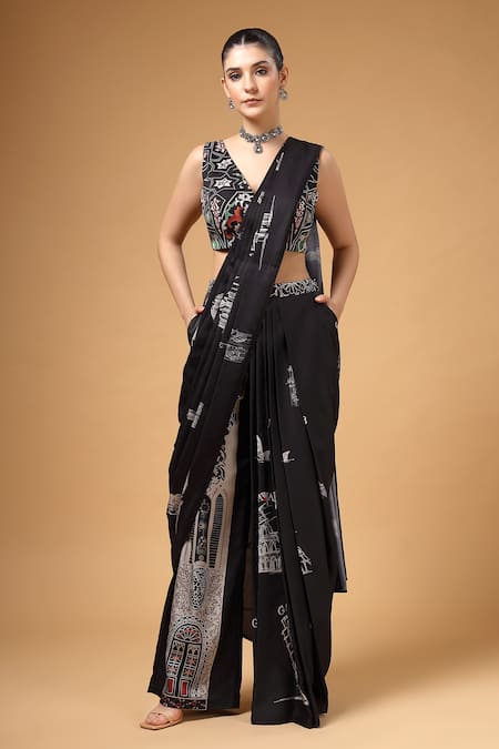 Shop_Gazab by Miku Kumar_Black Modal, Satin Collared, Nyrah Print Pre-draped Pant Saree And Jacket Set _Online_at_Aza_Fashions