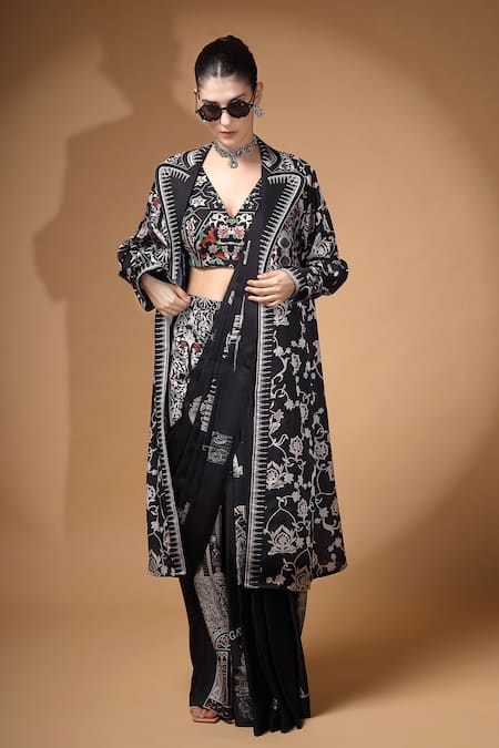 Gazab by Miku Kumar_Black Modal, Satin Collared, Nyrah Print Pre-draped Pant Saree And Jacket Set _at_Aza_Fashions