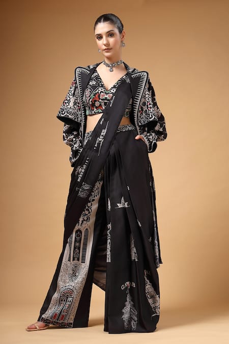 Gazab by Miku Kumar Black Modal, Satin Collared, Nyrah Print Pre-draped Pant Saree And Jacket Set 