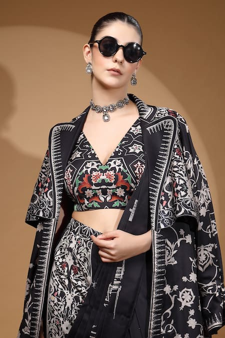Buy_Gazab by Miku Kumar_Black Modal, Satin Collared, Nyrah Print Pre-draped Pant Saree And Jacket Set 