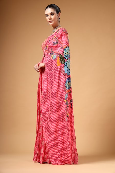 Buy_Gazab by Miku Kumar_Pink Crepe, Silk Embroidery Sweetheart Velura Print Pre-draped Saree With Blouse _Online_at_Aza_Fashions