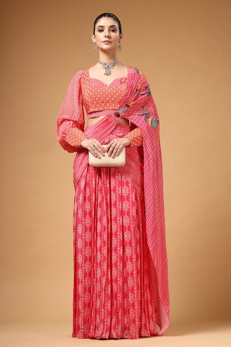 Shop_Gazab by Miku Kumar_Pink Crepe, Silk Embroidery Sweetheart Velura Print Pre-draped Saree With Blouse _Online_at_Aza_Fashions