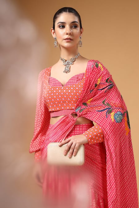 Gazab by Miku Kumar_Pink Crepe, Silk Embroidery Sweetheart Velura Print Pre-draped Saree With Blouse _at_Aza_Fashions