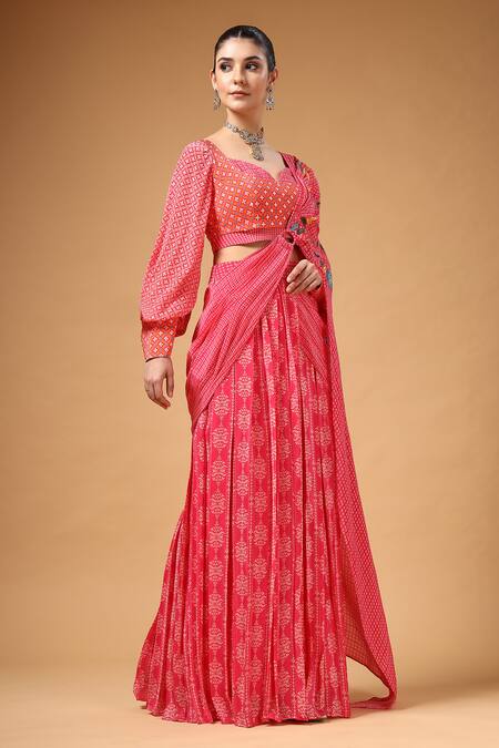 Buy_Gazab by Miku Kumar_Pink Crepe, Silk Embroidery Sweetheart Velura Print Pre-draped Saree With Blouse 