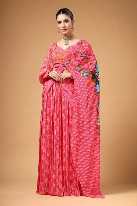 Shop_Gazab by Miku Kumar_Pink Crepe, Silk Embroidery Sweetheart Velura Print Pre-draped Saree With Blouse 
