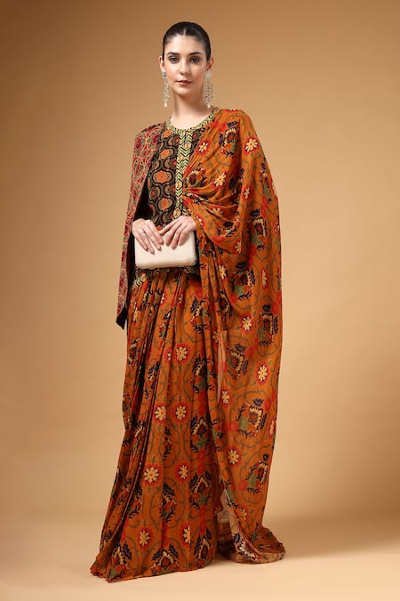 Buy_Gazab by Miku Kumar_Brown Organza Round Neck Ravya Print Pre-draped Saree And Blouse Set _Online_at_Aza_Fashions