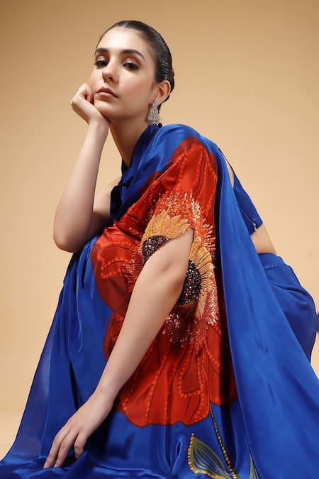 Buy_Gazab by Miku Kumar_Blue Crepe, Silk Embroidery, Zari Halter Auraya Pre-draped Saree With Blouse _Online_at_Aza_Fashions