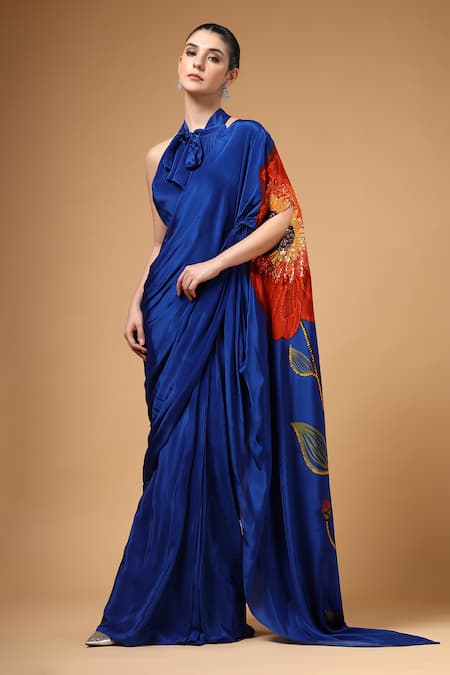 Gazab by Miku Kumar Blue Crepe, Silk Embroidery, Zari Halter Auraya Pre-draped Saree With Blouse 