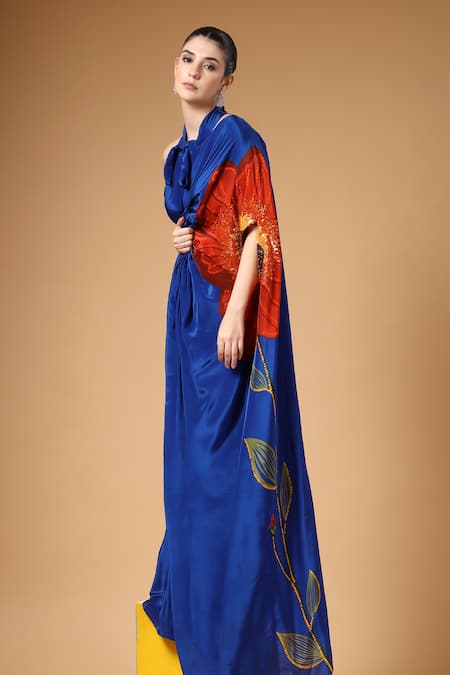 Gazab by Miku Kumar_Blue Crepe, Silk Embroidery, Zari Halter Auraya Pre-draped Saree With Blouse _at_Aza_Fashions