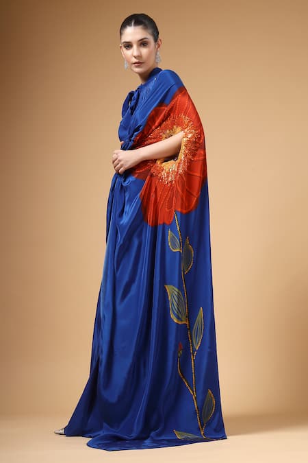 Buy_Gazab by Miku Kumar_Blue Crepe, Silk Embroidery, Zari Halter Auraya Pre-draped Saree With Blouse 