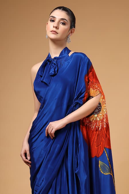 Shop_Gazab by Miku Kumar_Blue Crepe, Silk Embroidery, Zari Halter Auraya Pre-draped Saree With Blouse 