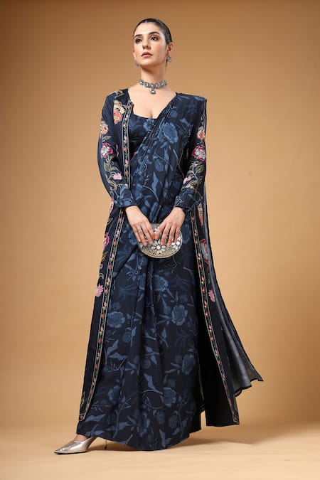Gazab by Miku Kumar Navy Crepe, Silk Embroidery, Sequins, Foil Elvya Cape And Pre-draped Saree Set 