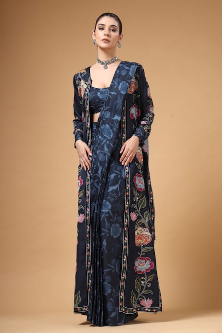 Buy_Gazab by Miku Kumar_Navy Crepe, Silk Embroidery, Sequins, Foil Elvya Cape And Pre-draped Saree Set _Online_at_Aza_Fashions