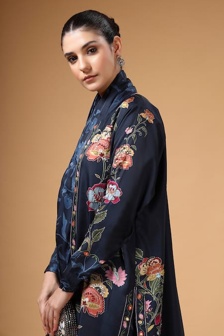 Shop_Gazab by Miku Kumar_Navy Crepe, Silk Embroidery, Sequins, Foil Elvya Cape And Pre-draped Saree Set _Online_at_Aza_Fashions