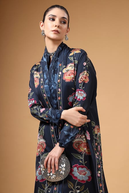 Gazab by Miku Kumar_Navy Crepe, Silk Embroidery, Sequins, Foil Elvya Cape And Pre-draped Saree Set _at_Aza_Fashions