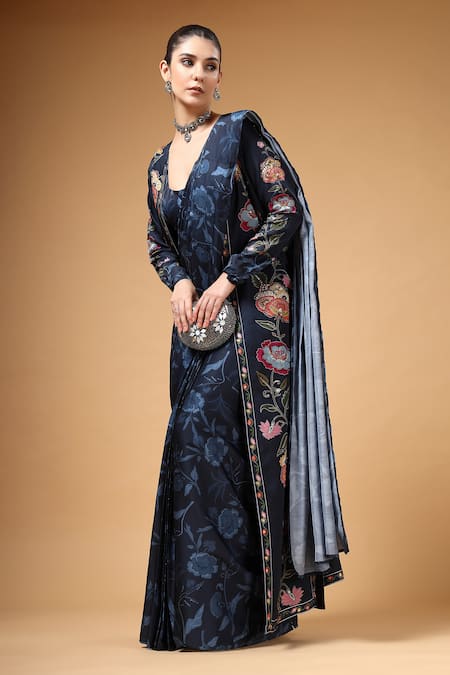 Buy_Gazab by Miku Kumar_Navy Crepe, Silk Embroidery, Sequins, Foil Elvya Cape And Pre-draped Saree Set 