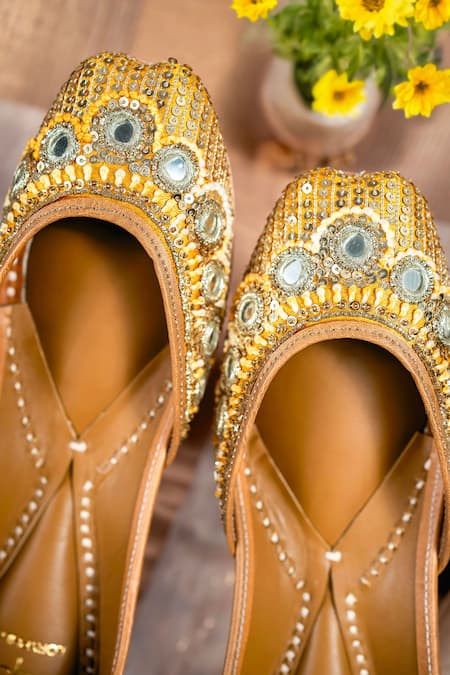 Shop_Loryphilory_Mustard Haldiya Embroidered Juttis _Online_at_Aza_Fashions