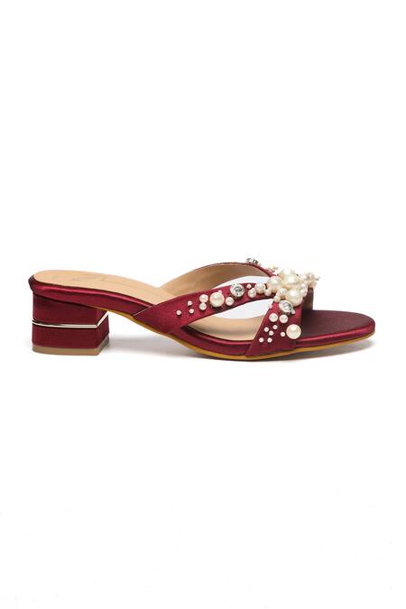Nidhi Bhandari_Wine Pearls, Rhinestones, Embroidery And Stone Block Heels _Online_at_Aza_Fashions