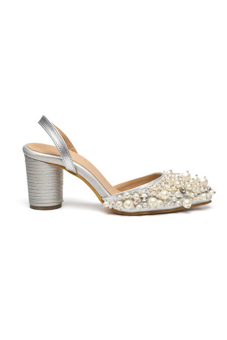 Nidhi Bhandari_Silver Pearls, Rhinestones, Embroidery And Stone Block Heels _Online_at_Aza_Fashions