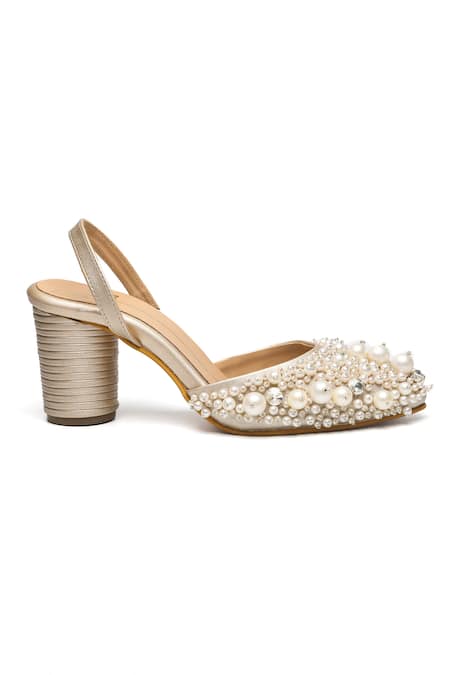 Nidhi Bhandari_Gold Beads, Pearls, Rhinestones And Stone Embellished Block Heels _Online_at_Aza_Fashions