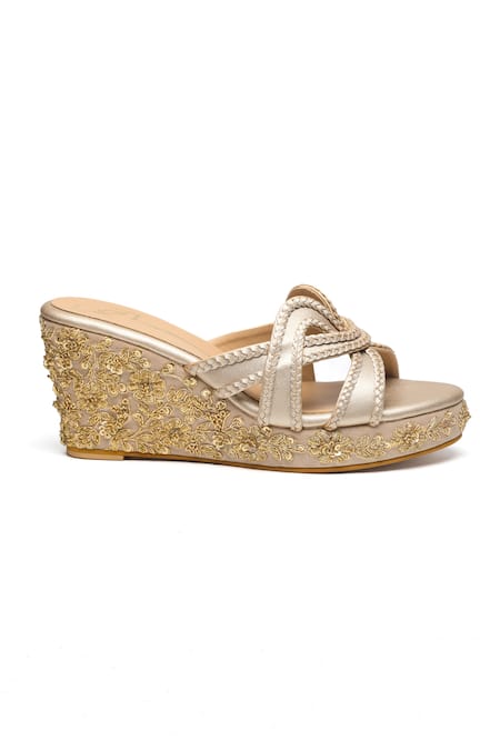 Nidhi Bhandari_Gold Embroidery Wedges With Braided Straps _Online_at_Aza_Fashions