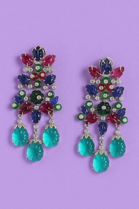 Modarta Multi Color Gemstones, Crystals Floral Multicoloured Earrings 