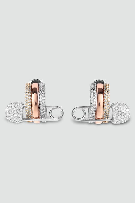 Modarta Rose Gold Rhinestones Edgy Safety Pin Hoop Earrings 