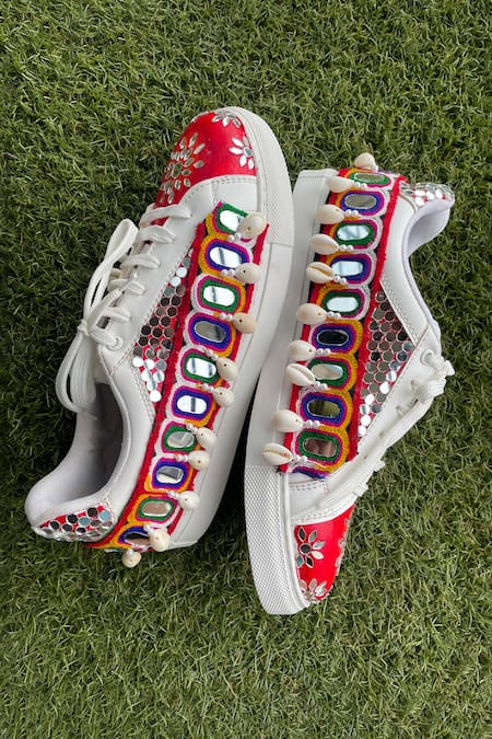 Modanta Footwear_Red Mirror And Cowrie Shell Embellished Sneakers _Online_at_Aza_Fashions