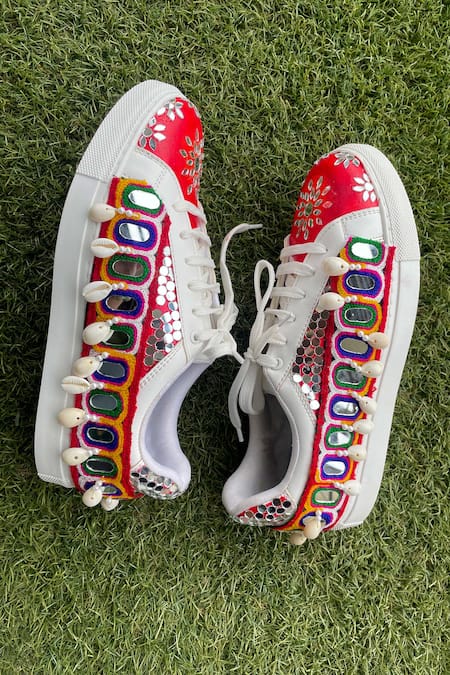 Buy_Modanta Footwear_Red Mirror And Cowrie Shell Embellished Sneakers _Online_at_Aza_Fashions
