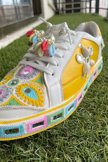 Buy_Modanta Footwear_Yellow Navratri Embroidered And Mirror Work Sneakers _Online_at_Aza_Fashions