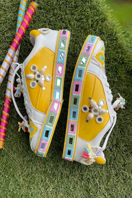 Shop_Modanta Footwear_Yellow Navratri Embroidered And Mirror Work Sneakers _Online_at_Aza_Fashions