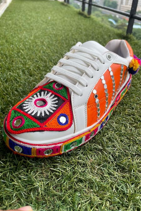 Modanta Footwear_Orange Navratri Embroidered And Mirror Work Sneakers _Online_at_Aza_Fashions