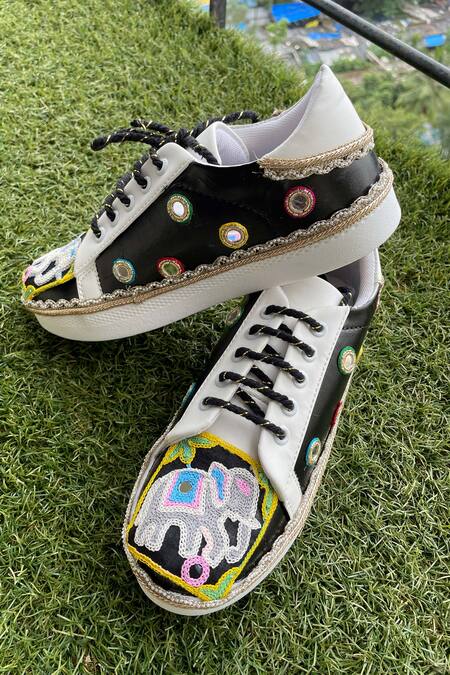 Shop_Modanta Footwear_Black Elephant Motif And Mirror Work Sneakers _Online_at_Aza_Fashions