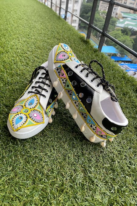 Modanta Footwear Embroidered Mirror & Cowrie Shell Sneakers 
