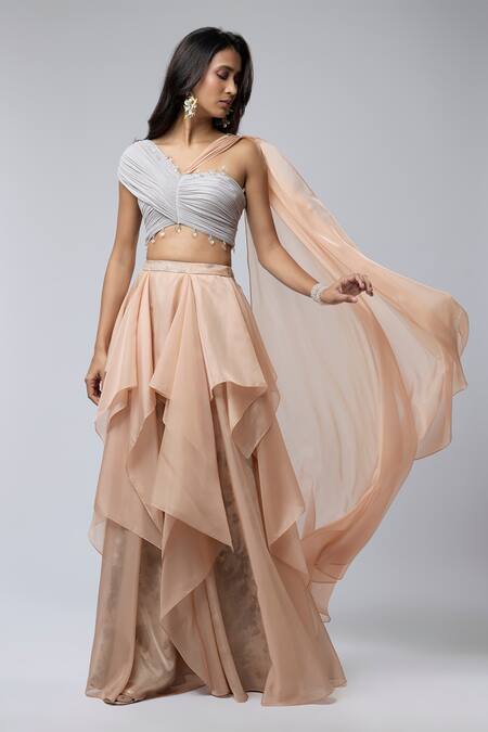 Naina Seth_Peach Organza, Satin, Knit, Jersey Beads, Crystals Sweetheart Ruffle Lehenga Set _Online_at_Aza_Fashions