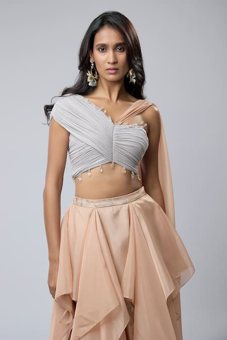 Buy_Naina Seth_Peach Organza, Satin, Knit, Jersey Beads, Crystals Sweetheart Ruffle Lehenga Set _Online_at_Aza_Fashions