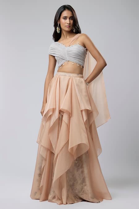 Naina Seth Peach Organza, Satin, Knit, Jersey Beads, Crystals Sweetheart Ruffle Lehenga Set 
