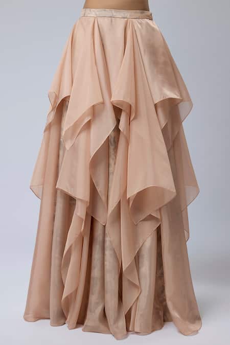 Shop_Naina Seth_Peach Organza, Satin, Knit, Jersey Beads, Crystals Sweetheart Ruffle Lehenga Set _Online_at_Aza_Fashions