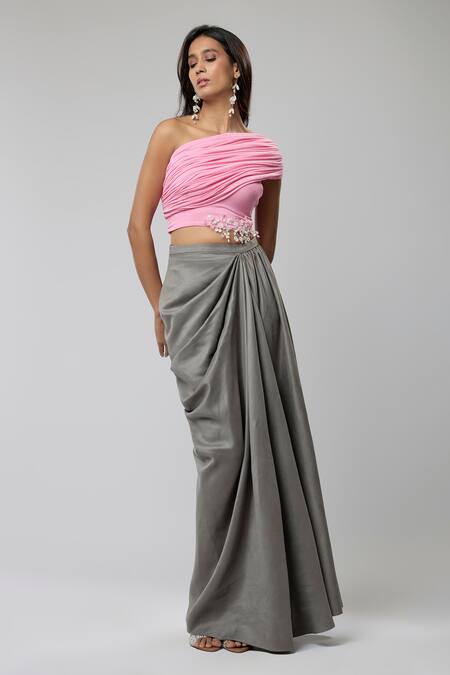 Shop_Naina Seth_Pink Knit, Jersey, Suede Crystals One Shoulder Ruched Top With Draped Skirt _Online_at_Aza_Fashions