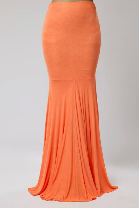 Naina Seth_Orange Knit, Jersey Pearls One Shoulder Cantaloupe Draped Blouse And Skirt Set _Online_at_Aza_Fashions