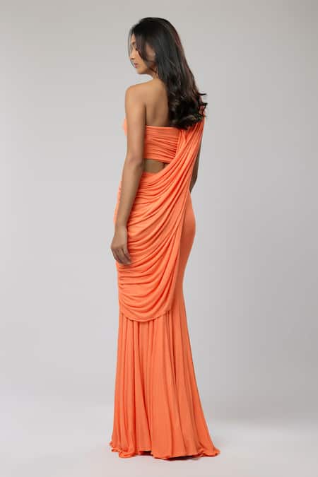 Naina Seth Cantaloupe Draped Blouse & Skirt Set 