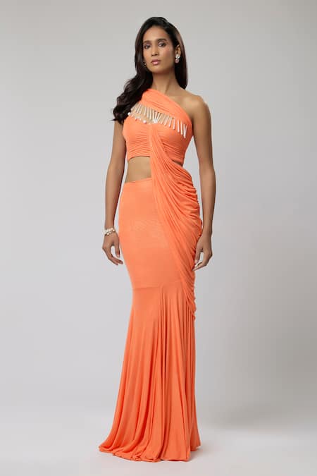 Shop_Naina Seth_Orange Knit, Jersey Pearls One Shoulder Cantaloupe Draped Blouse And Skirt Set _Online_at_Aza_Fashions