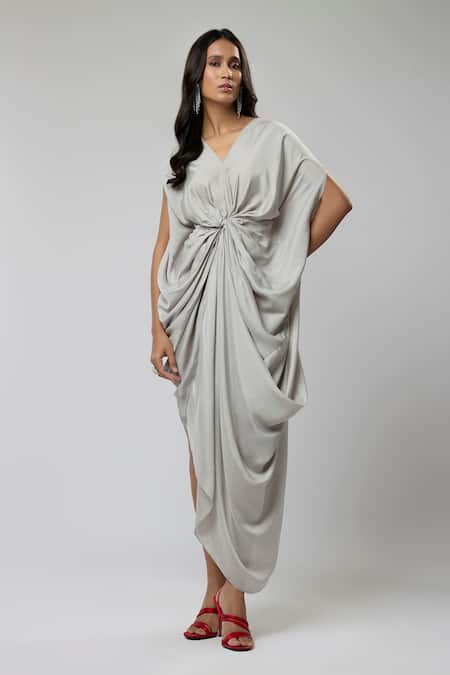 Naina Seth Silver Vegan Silk V-neck Classic Twisted Draped Gown 