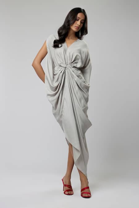 Naina Seth_Silver Vegan Silk V-neck Classic Twisted Draped Gown_Online_at_Aza_Fashions