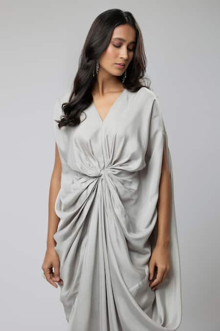 Buy_Naina Seth_Silver Vegan Silk V-neck Classic Twisted Draped Gown_Online_at_Aza_Fashions
